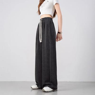New Product, Spring and Summer Women's Clothing, Elastic Waist Drawstring Straight Through Wide-leg Pants, Small Plaid Casual Pants.