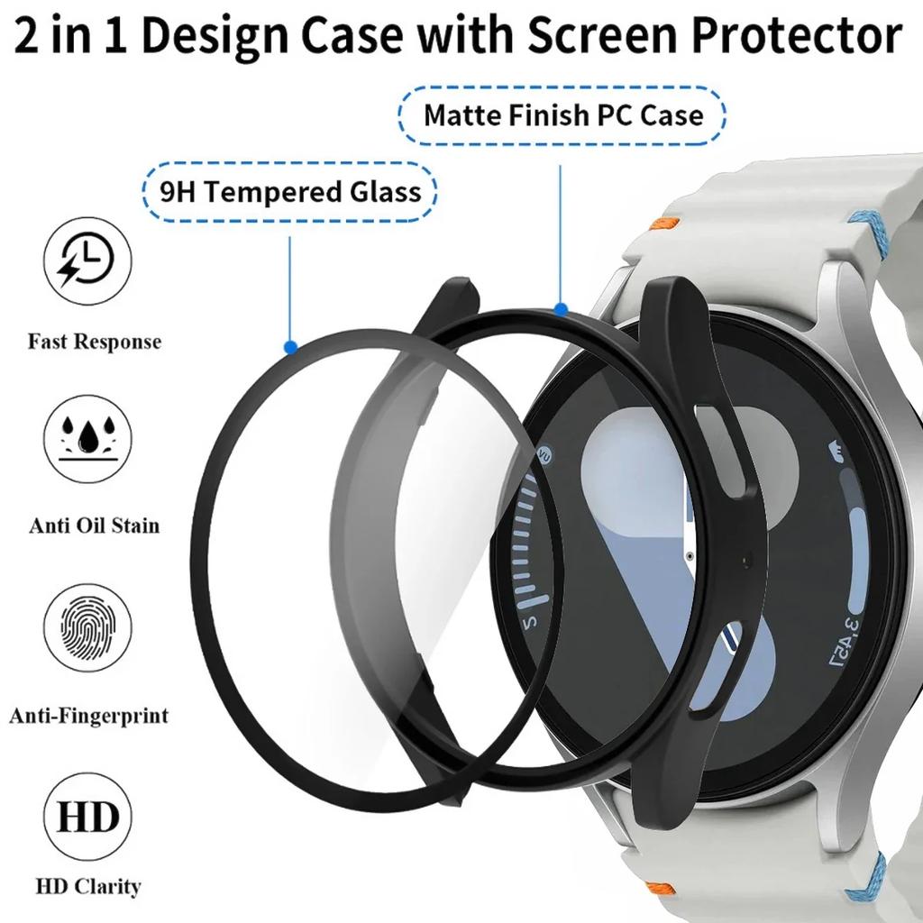 Tempered Glass+ PC Cover for Samsung Galaxy Watch4 5 6 7 44mm 40mm All Coverage Protective Bumper Case Galaxy Watch7 Accessories