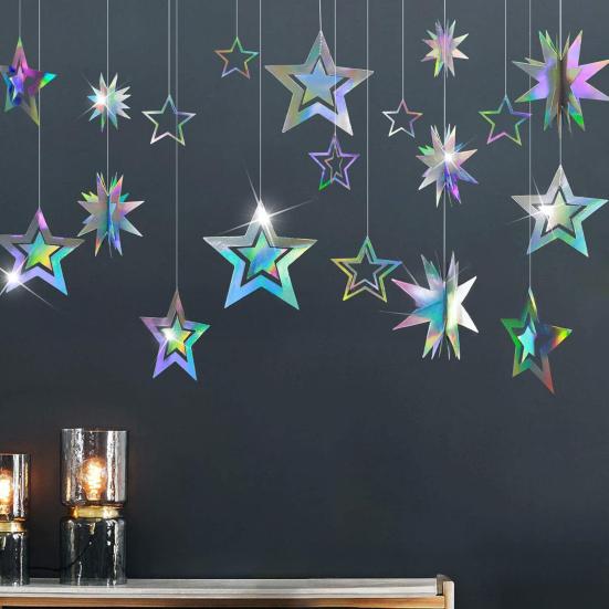 Iridescent Star Garland Decoration Metallic Holographic Star Streamer Twinkle Star Hanging Bunting Banner Backdrop for Birthday Baby Shower Wedding