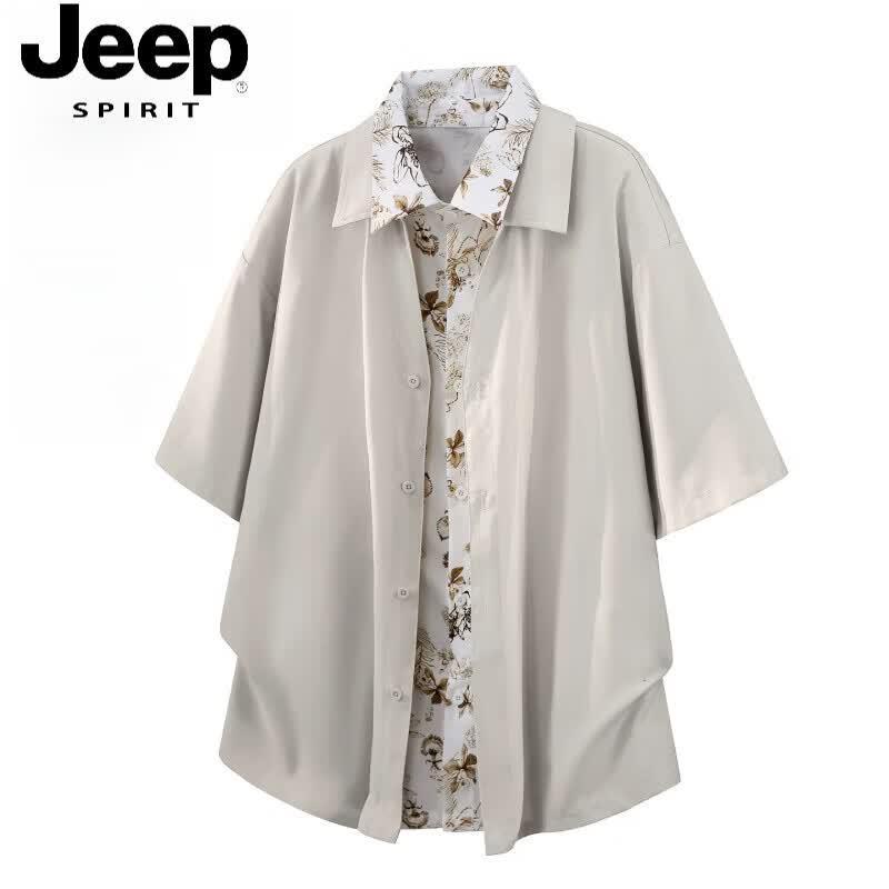 

JEEP SPIRIT Men s Retro Lapel Short Sleeve Faux Two-Piece Shirt L