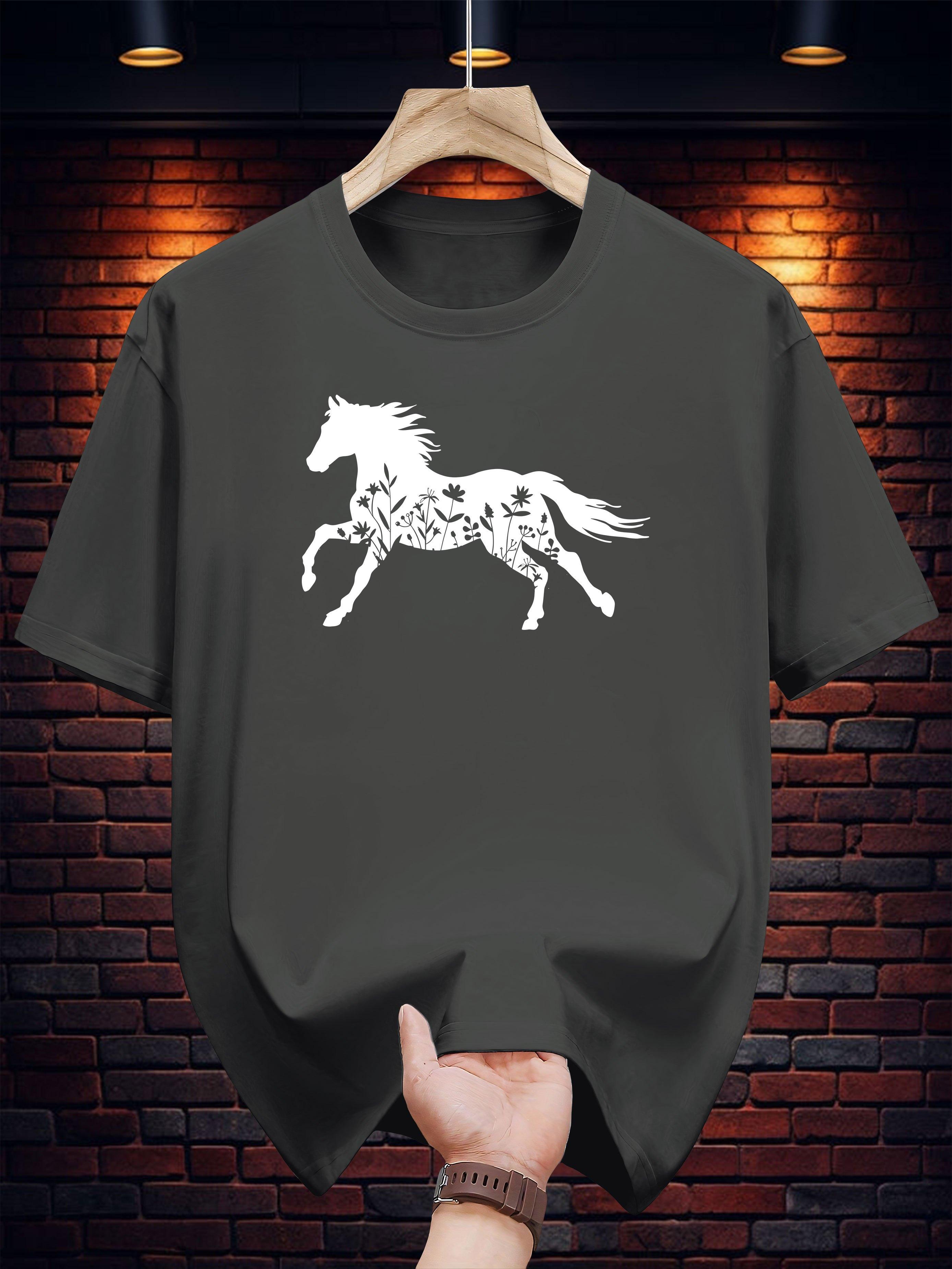 T-shirt with Galloping Horse Graphic Print - Black & White Casual Summer Tee L