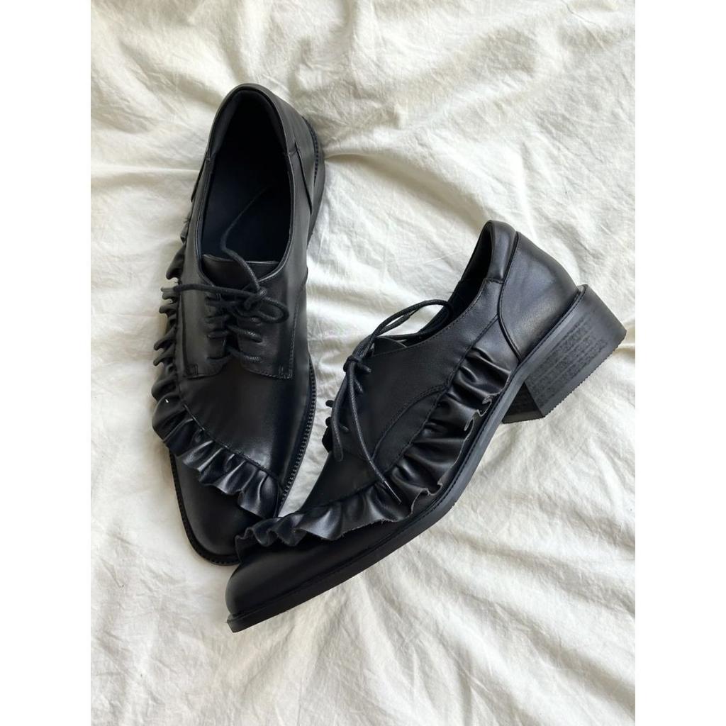 Retro Niche Ruffle Edge Small Leather Shoes Women's Spring and Summer 2025 New Small Round Head Thick Heel Lace-up Brock Shoes