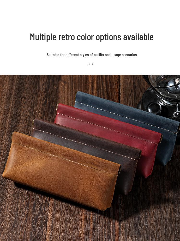 Spring-Loaded Crazy Horse Cowhide Pencil Case & Coin Purse - Multi-Functional Stationery Bag