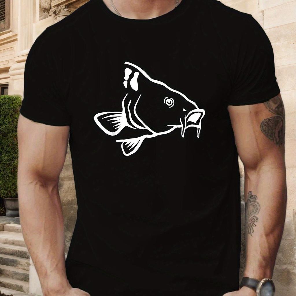 Men Cotton T-Shirt with Intricate Fish Print Comfortable Round Neck Summer Style Regular Fit Adult
