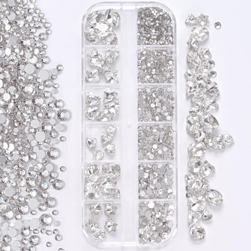 12-Grid 3D Nail Art Rhinestones Set Super-Shiny Flatback Adhesive Rhinestones for DIY Decorative Nail Art Multiple Shapes