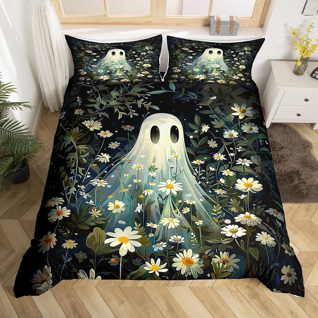 Cute Floral Ghost Duvet Cover Twin King For Boys Girls Room Decor Halloween Theme Bedding Set Boho Flower Print Comforter Cover