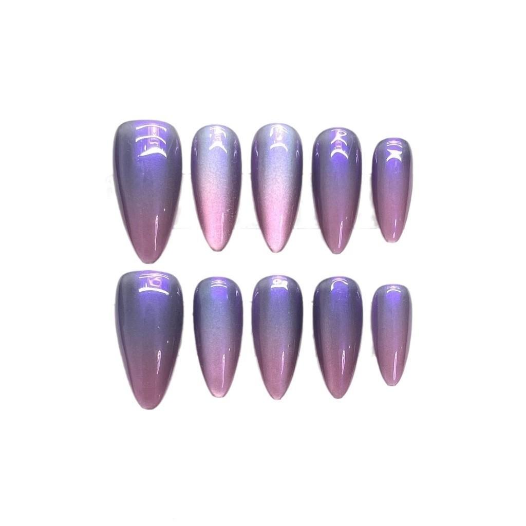 100% HANDMADE Press On Artificial Nail Almond Shape Dreamy Streamer Purple Cat Eye Phototherapy Nails Fake Nails Reusable