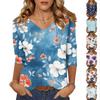 Women's Tops Three-quarter Sleeve Shirt V-neck Loose Casual Shirt Floral Printed T-shirt