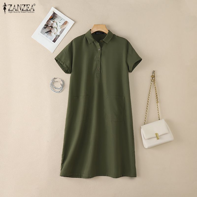 ZANZEA Women Casual Turn Down Collar Solid Color Short Sleeve Shirt Dress