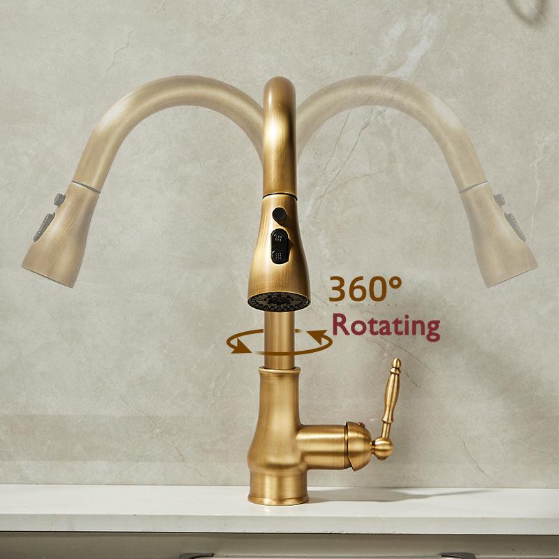 Antique Brass Kitchen Faucet Pull Out Spout Kitchen Faucet Black Single Hole Swivel Hot Cold Water Kitchen Mixer Tap Gold