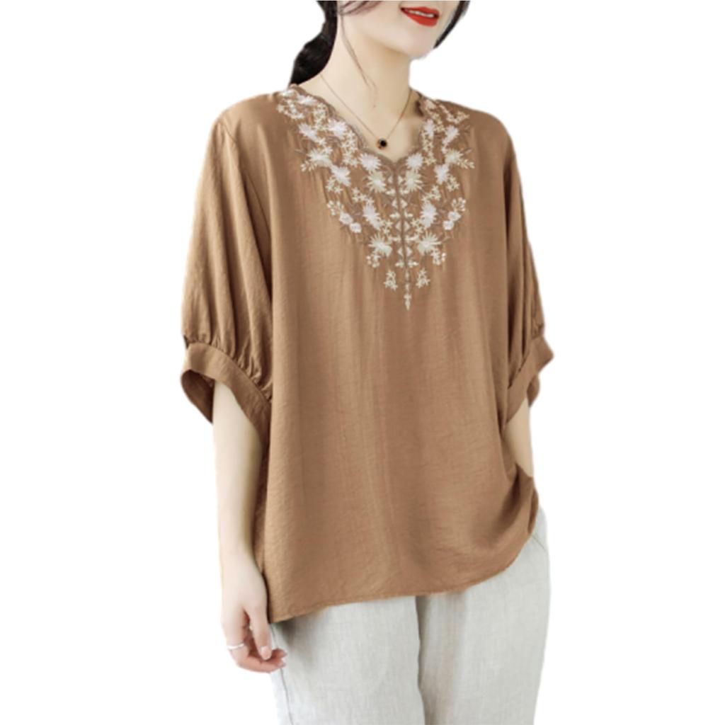 Short Sleeve Pullover Floral Balloon Loose Plus Summer Outfit [OGCPWYQZ] Women's V-neck, Blouse, Top, Embroidery, Sleeves, Slimming, Fit, Sizes,