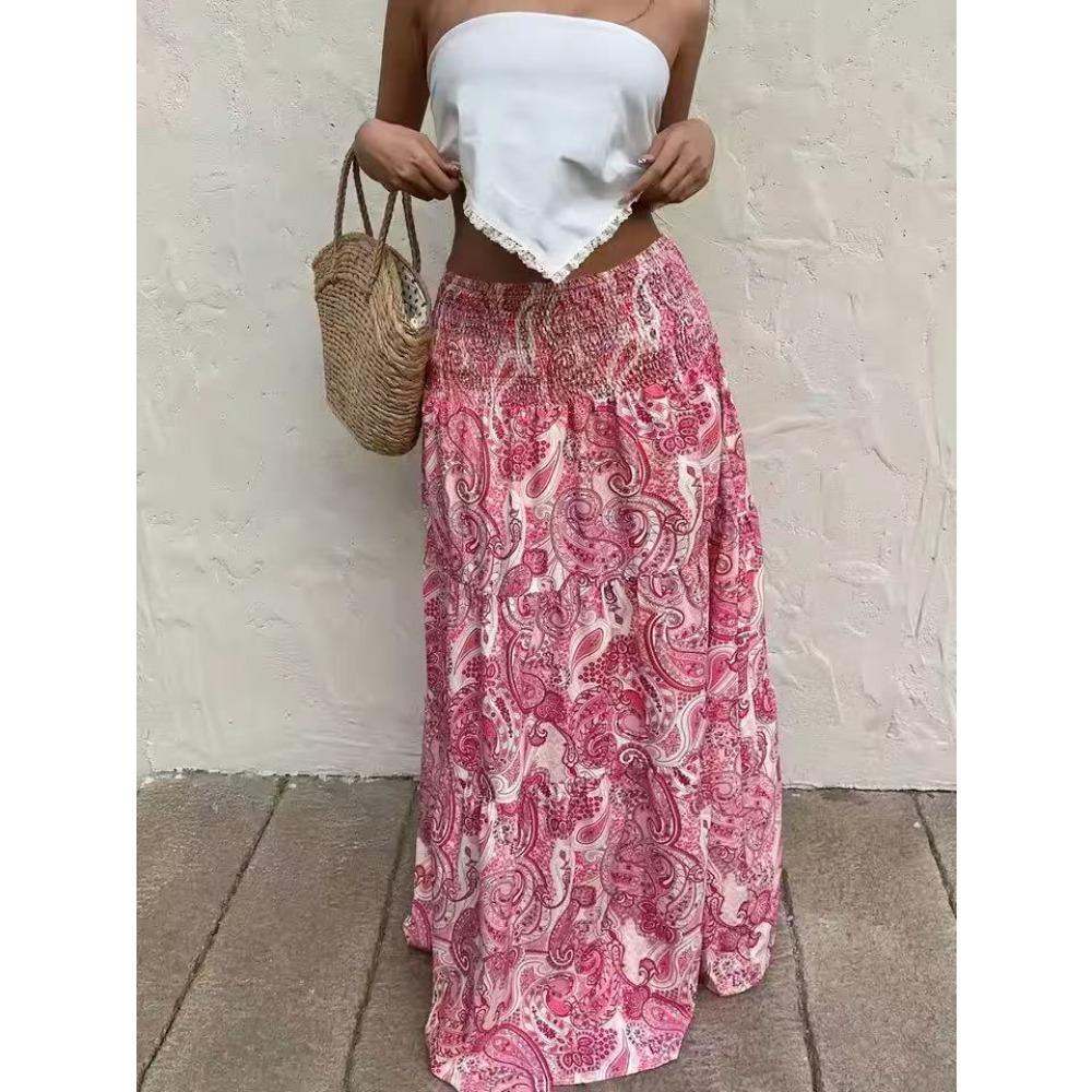 Women s High Waist Paisley Print Maxi Skirt Tiered A Line Long Skirt S розовый