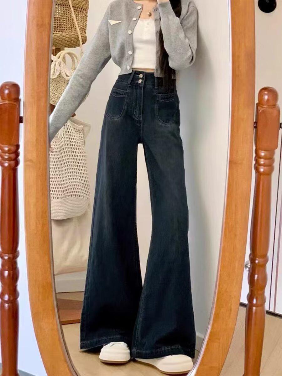 

Женские ретро джинсы с высокой посадкой и широкими штанинами - Весна/Осень, Большой размер, Легкая роскошь, Стройнящие для фигуры груша . Medium синий