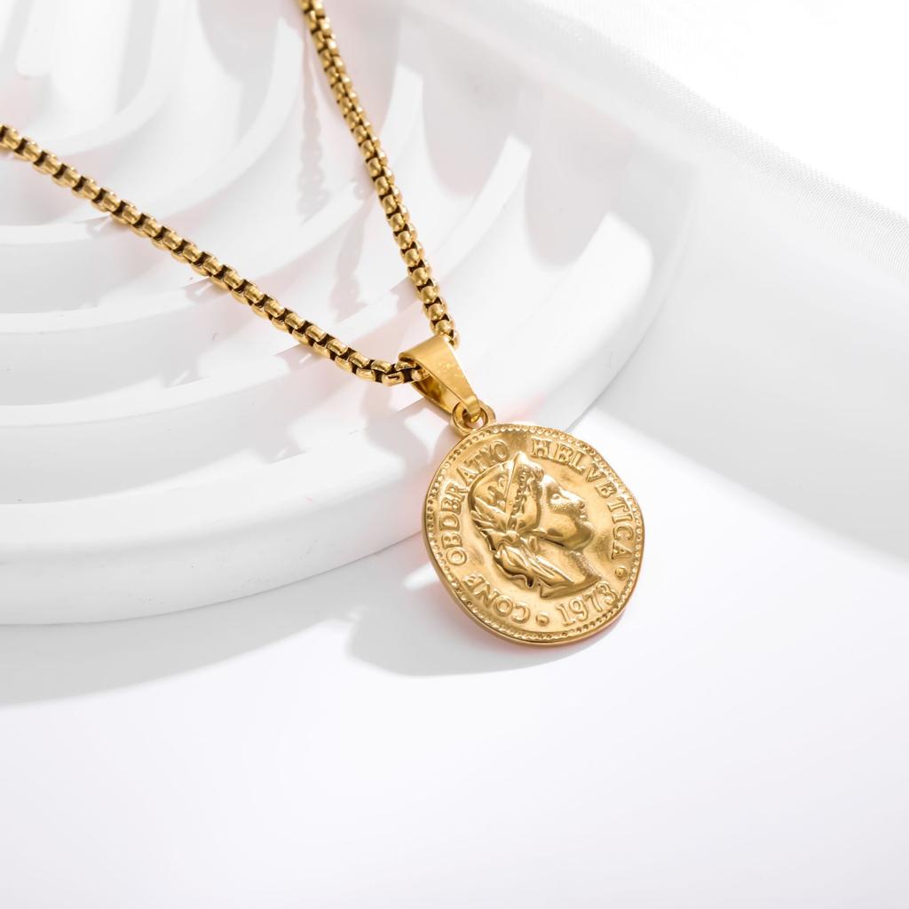 Chunky Punk Style Portrait Round Shape Pendant Necklace Waterproof Stainless Steel Popcorn Link Chain Male Hip Hop Jewelry Gifts
