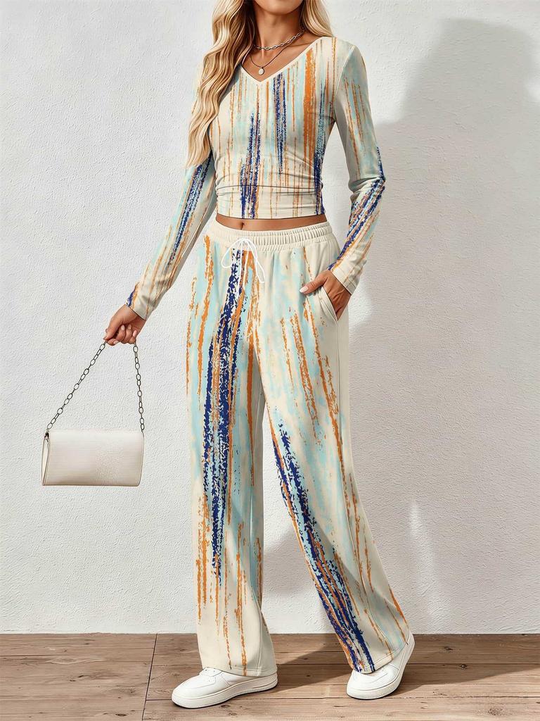 Spring and Autumn digital print women's V-neck long sleeve pants set, comfortable, casual, versatile, slim fit two-piece set