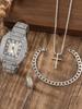 Men's new exquisite square diamond-set dial steel strap quartz watch cross pendant necklace chain bracelet ring set fashion vers