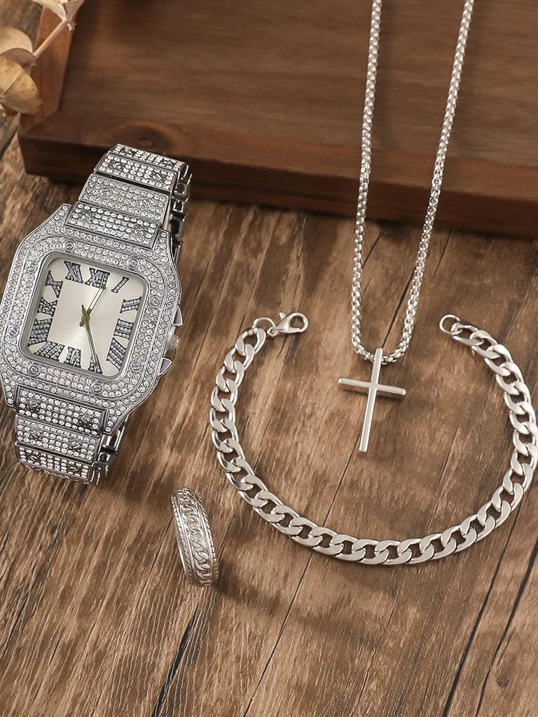 Men's new exquisite square diamond-set dial steel strap quartz watch cross pendant necklace chain bracelet ring set fashion vers