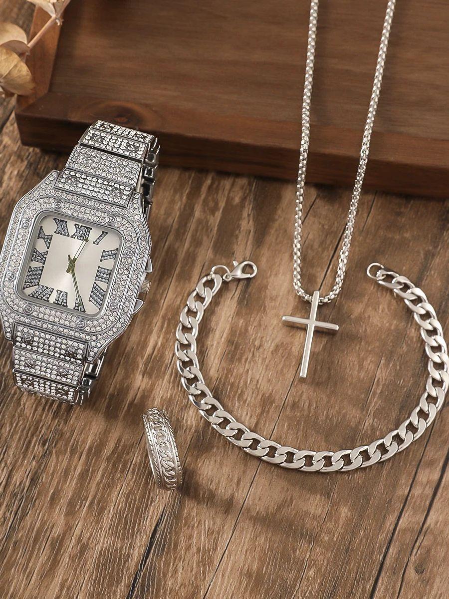 Men s new exquisite square diamond-set dial steel strap quartz watch cross pendant necklace chain bracelet ring set fashion vers серебряный
