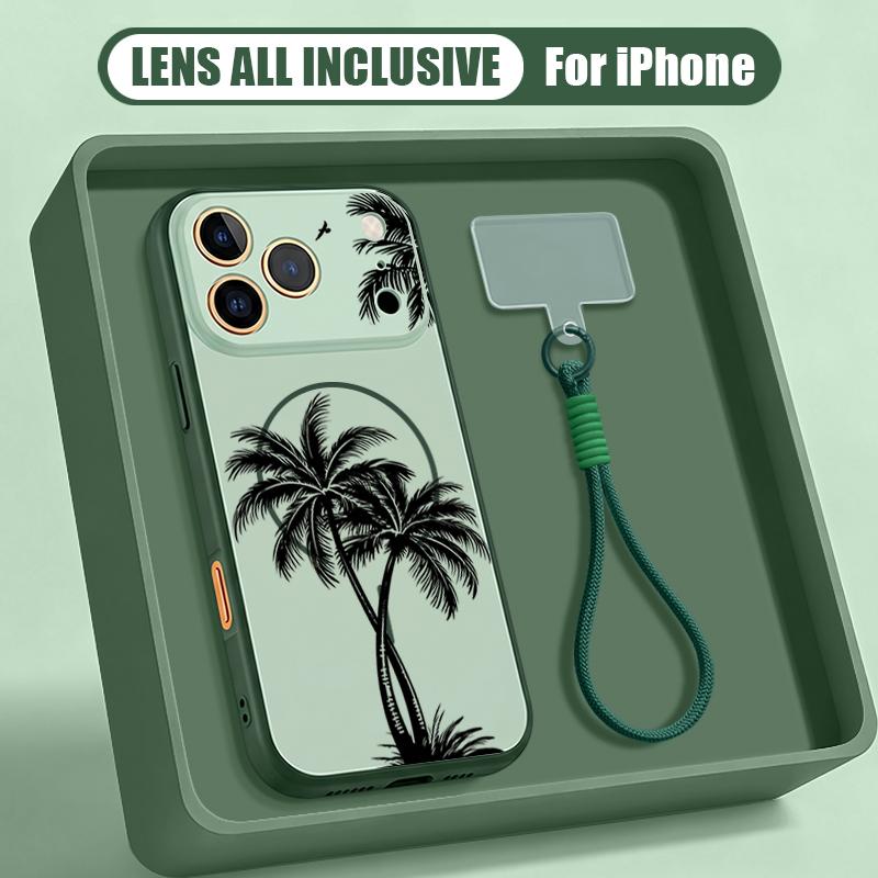 Creative Coconut Sunset Pattern Hand Strap Case For iPhone 17 Pro Max iPhone 16 15 14 13 Pro Max Magnetic For Magsafe Hybrid TPU+PC Matte Cover