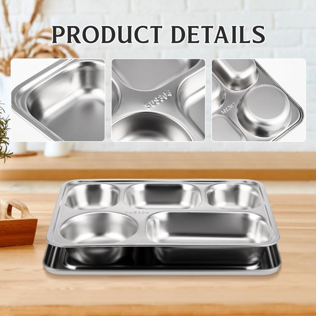 BESTOYARD Stainless Steel Lunch Plate, Divided Plate, Food Tray, Stylish Divided Plate, 5 Compartments (with Lid), Perfect for Camping and BBQ