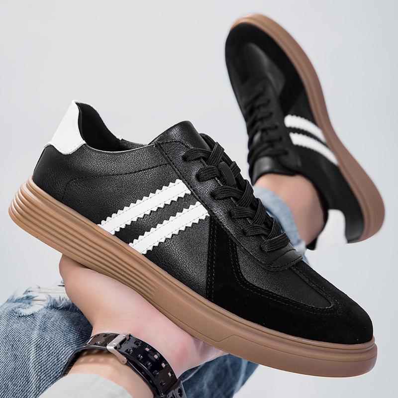 Men'S Beige Black Striped Retro Sneakers Leather Suede Casual Platform Skate Shoes Non-Slip Comfortable Trainers