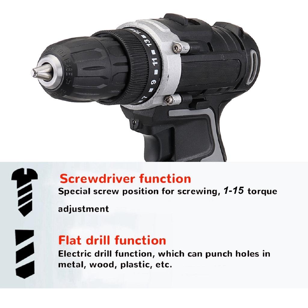 AC 100-240V 0-550r/min 0-1350r/min Cordless Drill Double Speed Adjustment LED Lighting 1/2Pcs Large Capacity Battery 35Nm 15-speed Torque Adjustment