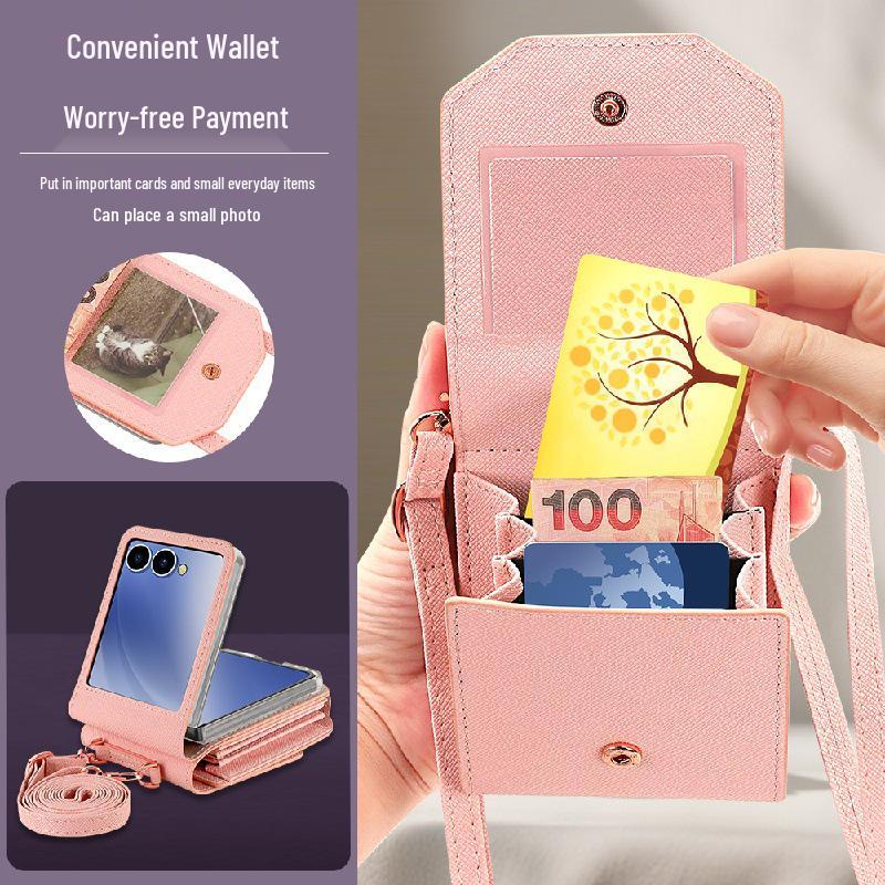 Stylish multi-card slot coin purse/phone case for Samsung Z Flip7, drop-proof, foldable, anti-lost, includes long crossbody strap.
