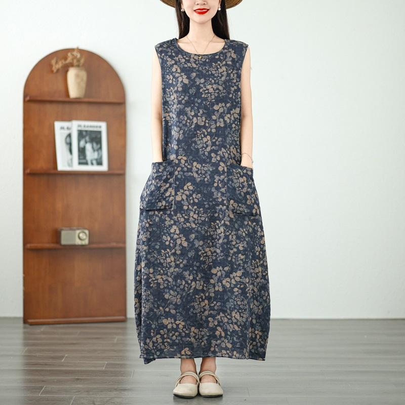

Новое хлопковое винтажное платье с цветочным принтом без рукавов больших размеров для женщин, повседневное свободное длинное летнее платье XXL