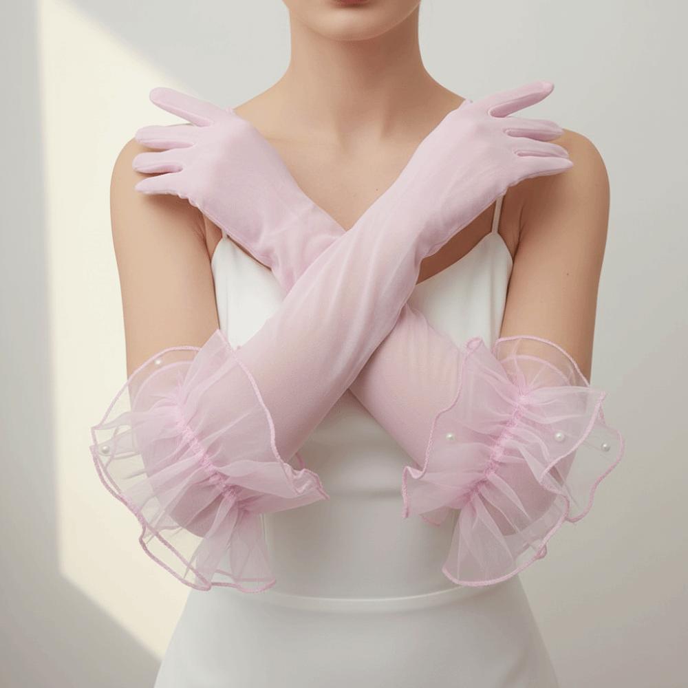 Lace Pearl Etiquette Gloves Perspective Sunscreen Sleeves Fashion Long Gloves  Wedding Dress
