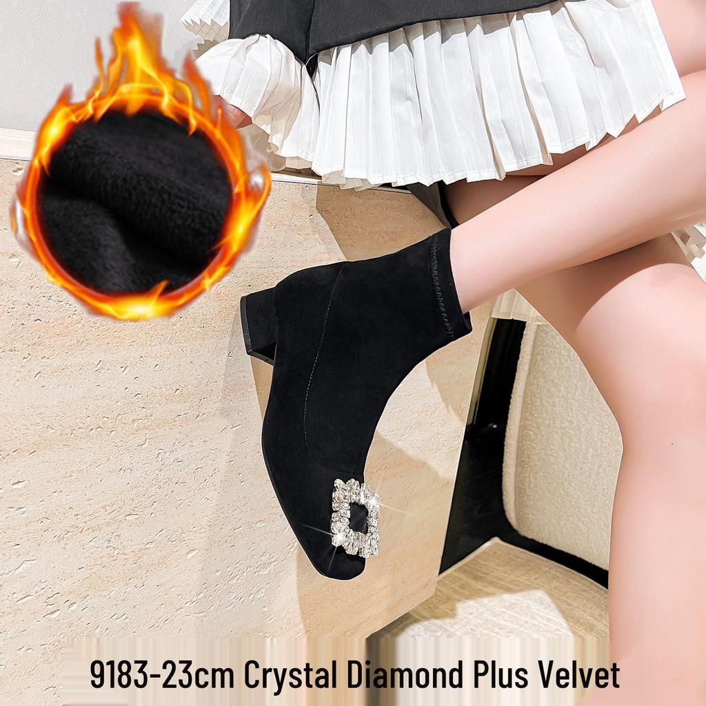 Autumn/Winter Rhinestone Buckle Chunky Heel Slimming Velvet Sock Boots for Women