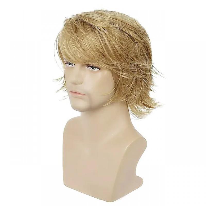 Mens Short Curly Wig With Side Swept Bangs Golden Color 12 Inch Synthetic Hairpiece Daily Wear