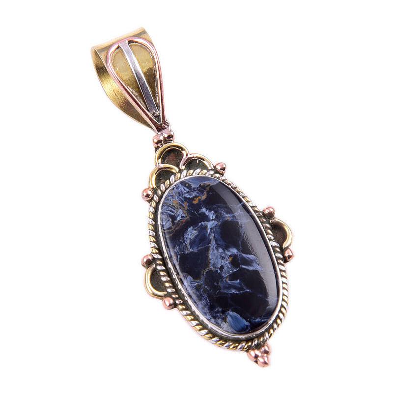 Natural Pietersite Gemstone 925 Solid Sterling Silver TwoTone Pendant 1.75" J6o00