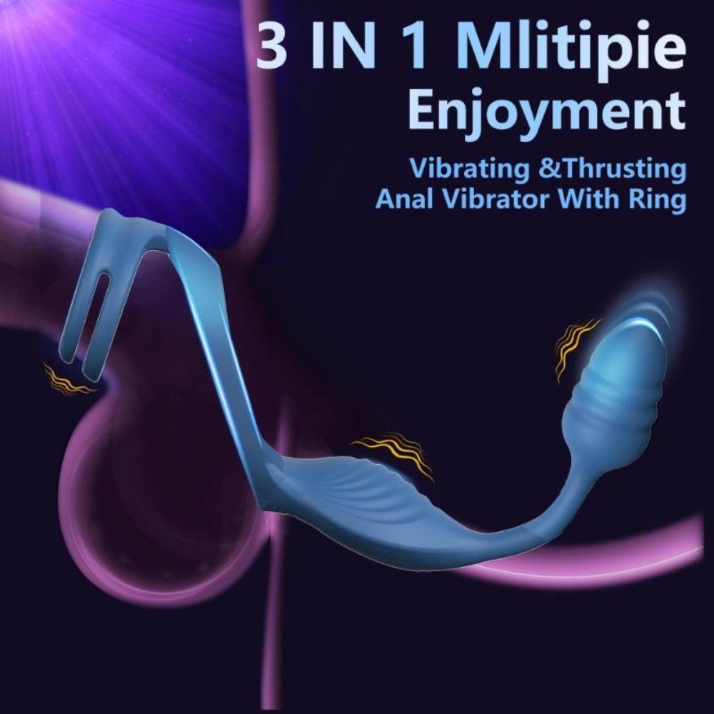 3 In 1 Vibrator Vibrating Penis Ring Anal Plug, Vibrating Cock Ring with Bullet, 10 Vibration Patterns, Remote Control, Sex Toys for Adult Men