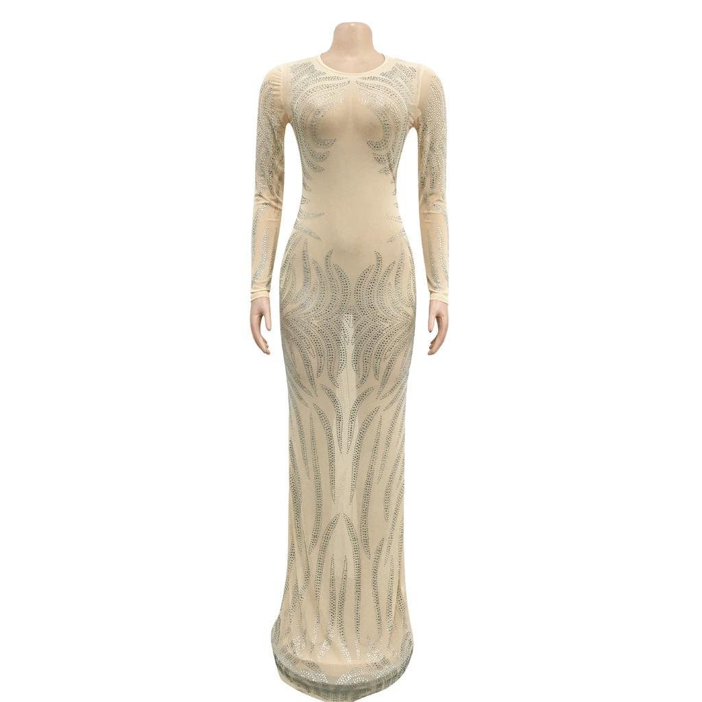 Kvinner Elegant Langermet Rhinestone Rundhals Mesh Gjennomsiktig Brude Maxi Lang Kjole Vert Bryllup Brud Brudepiker Festkjoler