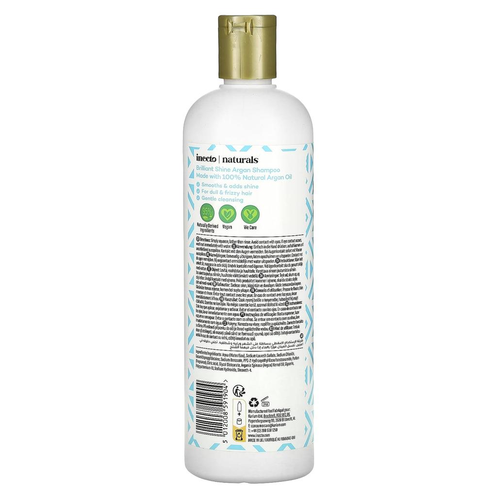 Inecto, Natural, Brilliant Shine Argan Shampoo, Dull and Frizzy Hair, 500 ml (16.9 fl oz)