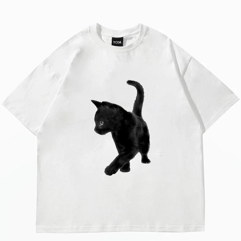 Top Women's Cute Cat Printed Short Sleeve T-shirt Women's Harajuku Fashion Couple Loose Street Style Y2K Clothing