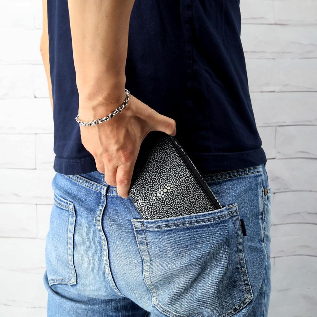[Revetta] Stingray Leather Long Wallet, Black, Round Zipper, Galuchat Stingray Leather, Men's Genuine Leather [075-1stw-2-1]