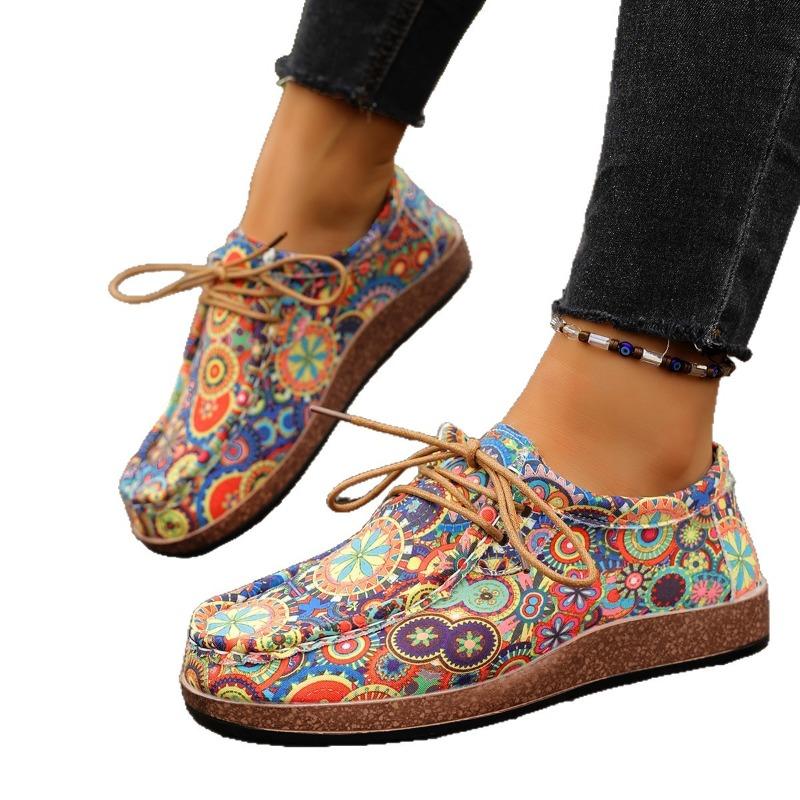 Printed Ethnic Style Lace-up Casual Shoes 2025 Autumn New Plus-size Flat Low-top Shoes for Women