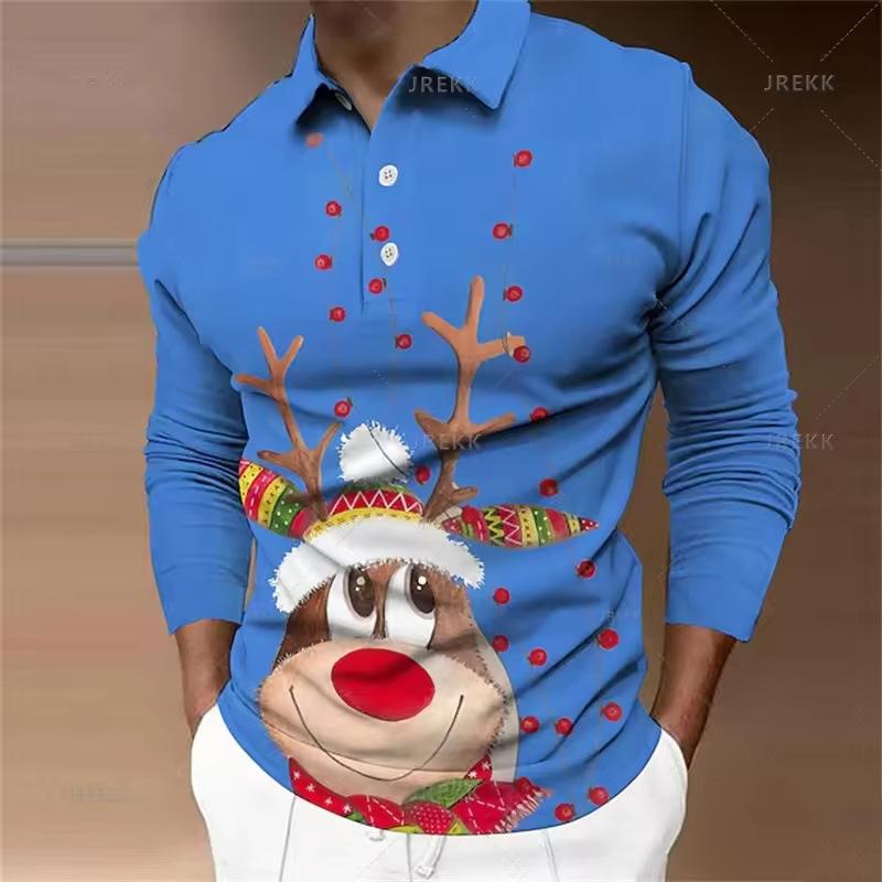 Essential! Christmas Print Long Sleeve Polo, Stylish Casual Top