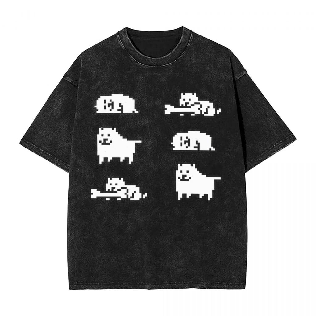 Washed Cartoon T Shirts Undertale Dog Pocket Graphic TShirts Cotton Loose Streetwear Short Sleeve Tee Shirt Men Women Clothing
