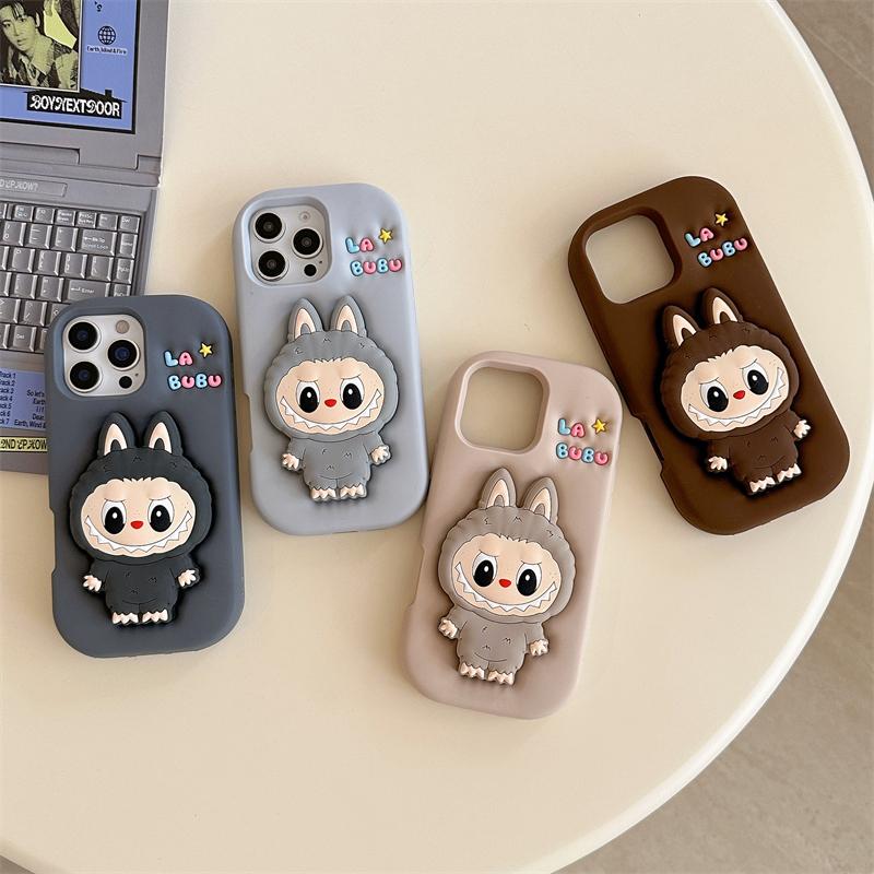 3D Søt Labubu Holder Telefondeksel For iPhone 17 16 15 14 13 12 11 Pro Max 16E Mykt Silikondeksel