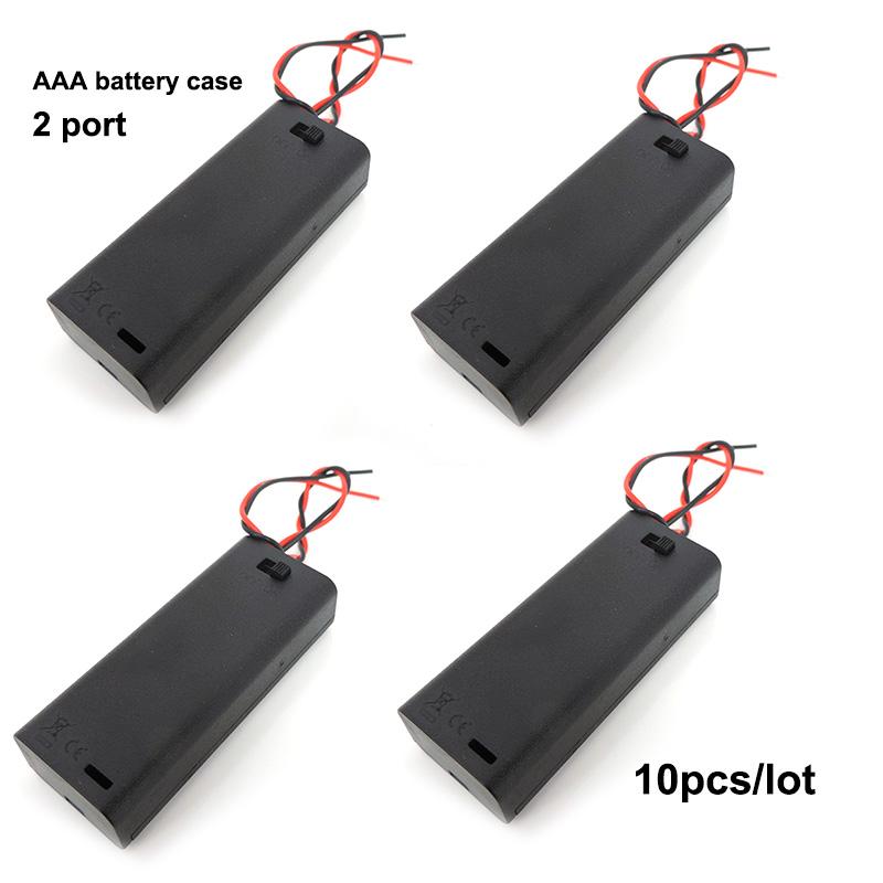 10pcs 2 Slot Port AAA Battery Holder Case Box with Leads with ON/OFF Switch Cover Standard Battery Container
