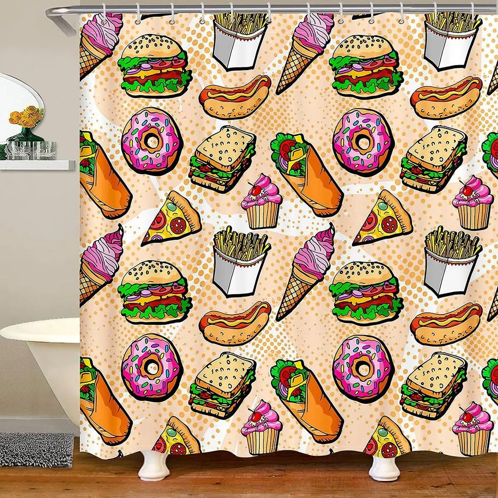 Burger Puppy Shower Curtain Lovely Dog In Hamburger Shower Curtains for Bathroom Fast Food Human Friend Waterproof Bath Curtains