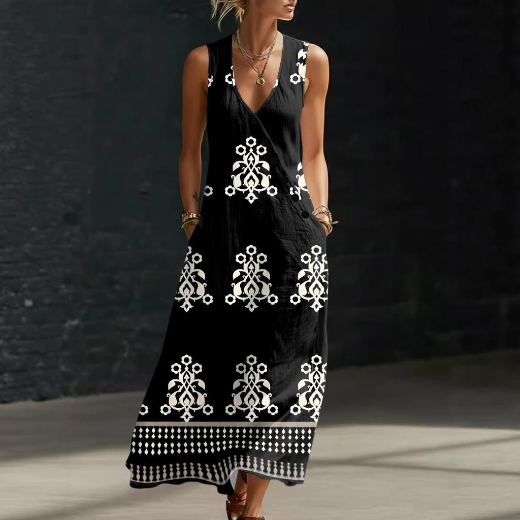 Women Sleeveless V Neck Button Front Maxi Dress Floral Print Linen Cotton Blend Casual Summer Dress with Pockets