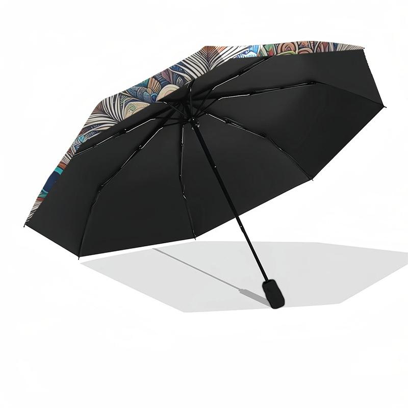1pc Peacock Feather Mandala Automatic Folding Umbrella - Portable 3-Fold Design, 8-Bone Iron Frame Outdoor Umbrella, Ideal Gift for Fans, Travelers, D