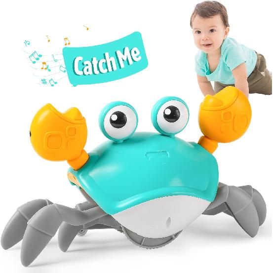 Crawling Crab Baby Toy, Tummy Time Toy for Infant 3 6 9 12 18 24 Month, Walking Dancing Interactive Sensory Crab with Light Music, Birthday Gift for