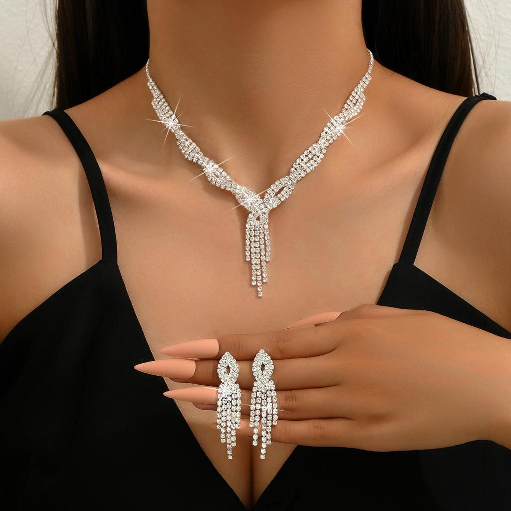 3PC Women's Fashion Copper Inlaid Claw Chain Hollow tassel Necklace Earrings Zircon Set Wedding Banquet Party Holiday Gift