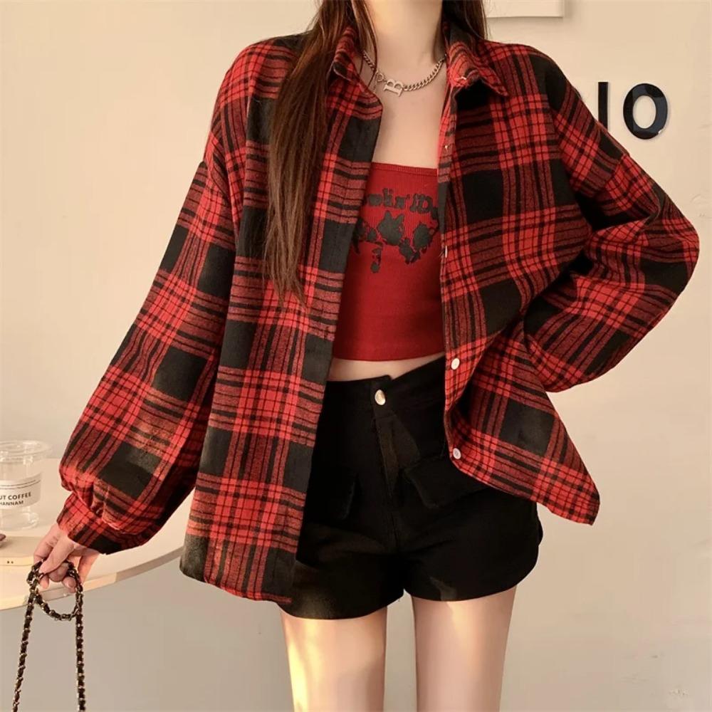 Red Plaid Shirt for Women Teen-girl Button Down Long Sleeve Collared Check Shirt Jacket Casual Fall Winter Christmas Outfit S