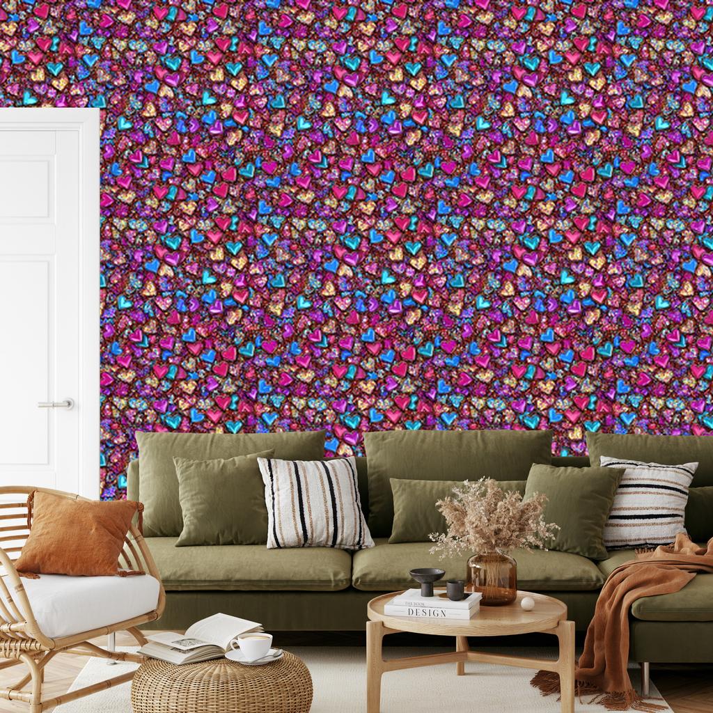 Neon Glitter Hearts Wallpaper Purple, Violet and Red 50x1000