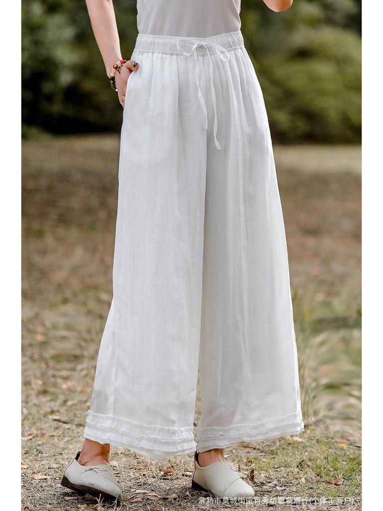 2026 Artistic Solid Color Ramie Wide-Leg Ruffle Pants - Elastic Waist, Double-Layer, Women’s Summer Casual Long Pants